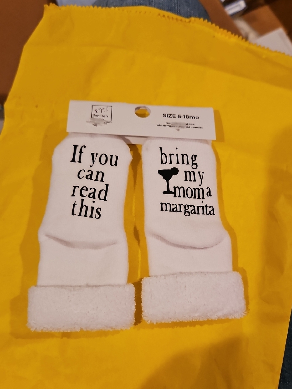 White Baby Socks with Funny Margarita Text (Size 6-18mo)